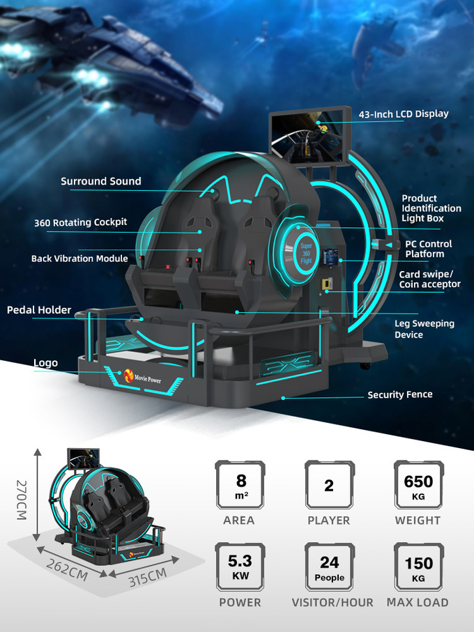 स्मार्ट कंट्रोल वीआर 360 फ्लाइंग सिनेमा 2 सीट 9 डी वीआर रोलर कोस्टर सिम्युलेटर 1