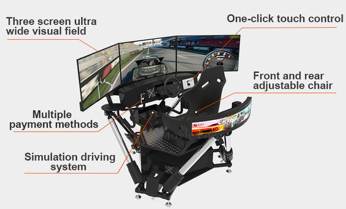 6 डीओएफ रेसिंग कार आर्केड डायनामिक मोशन ड्राइव उपकरण 3 स्क्रीन ड्राइविंग सिम्युलेटर 3